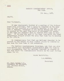 Copy of a letter from P.A. Brennan of the Harbour Commissioners' Office New Ross to the Taoiseach, Seán Lemass, enclosed in letter of 6th December 1963 from the Secretary to the Department of the Taoiseach to the Secretary to the Arts Council. [Letter reproduced courtesy of New Ross Port Company]